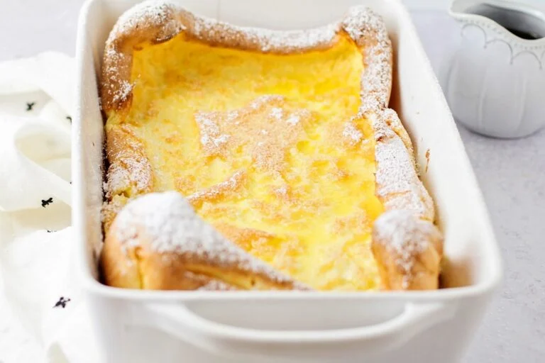 German pancakes recipe puffed up in baking dish.