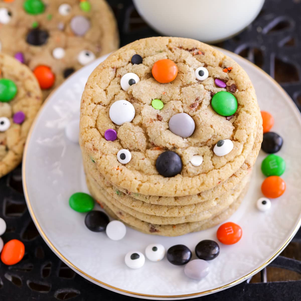 Halloween cookie recipe with candies and candy eyeballs.