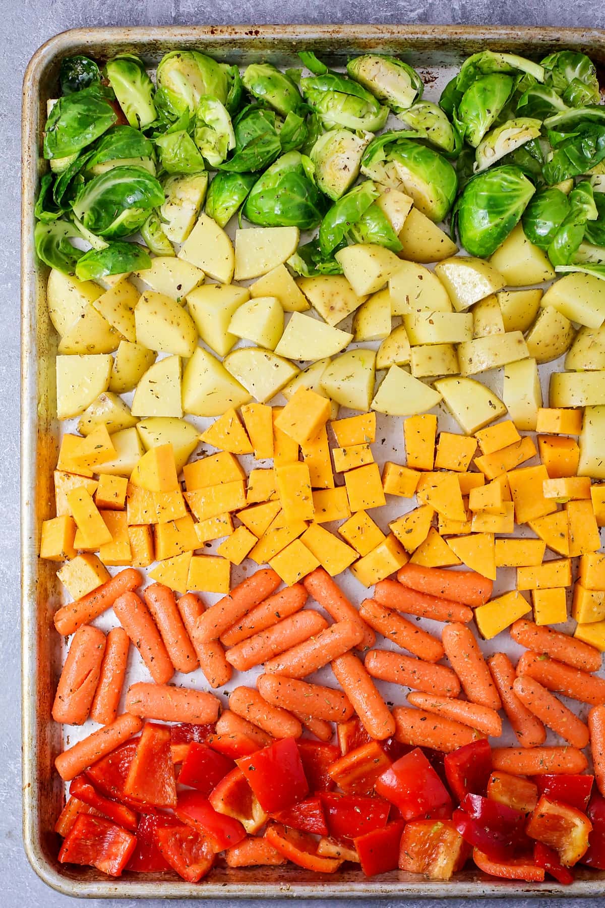 Roasted vegetables in rainbow order on baking sheet ready to be baked.