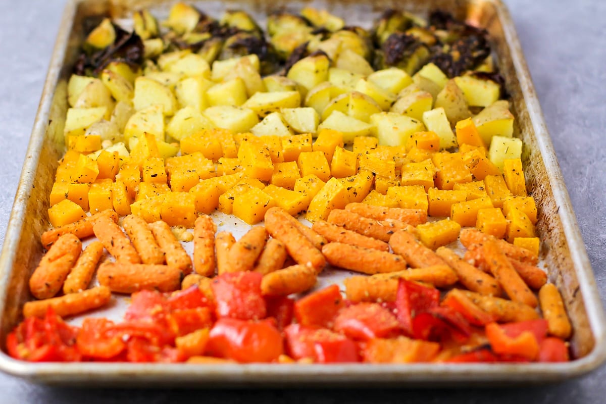 Valentines Dinner Ideas - sheet pan oven roasted vegetables on a metal pan. 