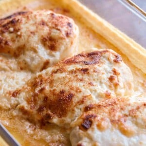 Creamy swiss chicken bake in a casserole dish.