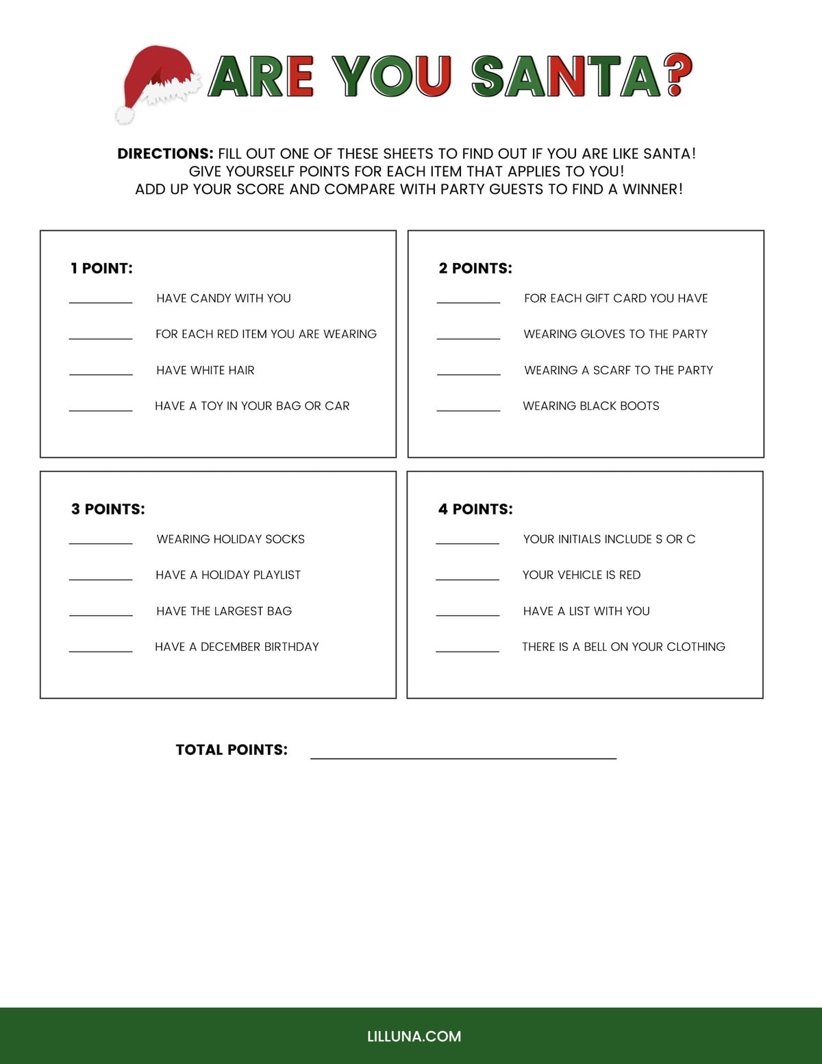 A picture of the are you santa free printable christmas game.