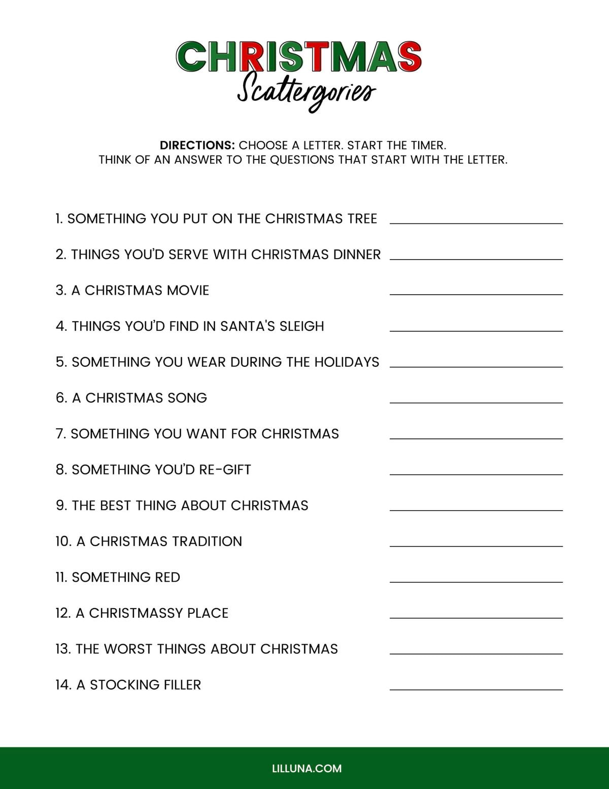 A picture of Christmas scattegories free printable Christmas game.