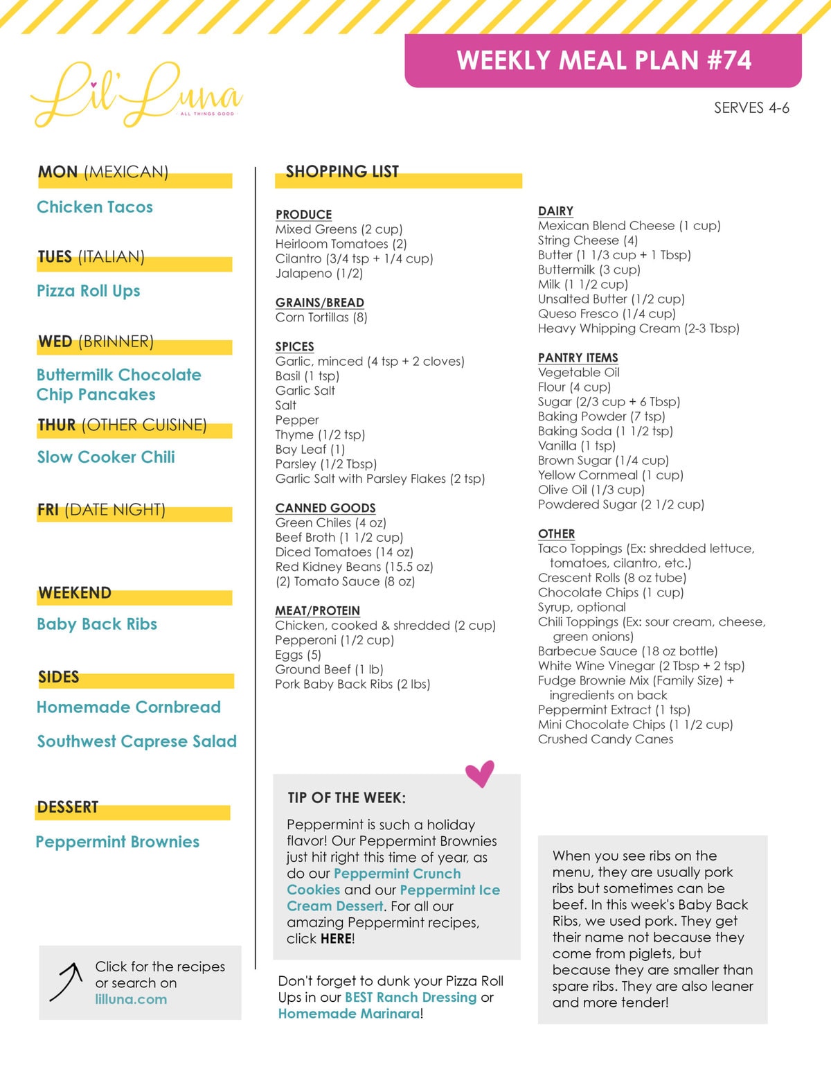 Printable version of Meal Plan #74 with grocery list.