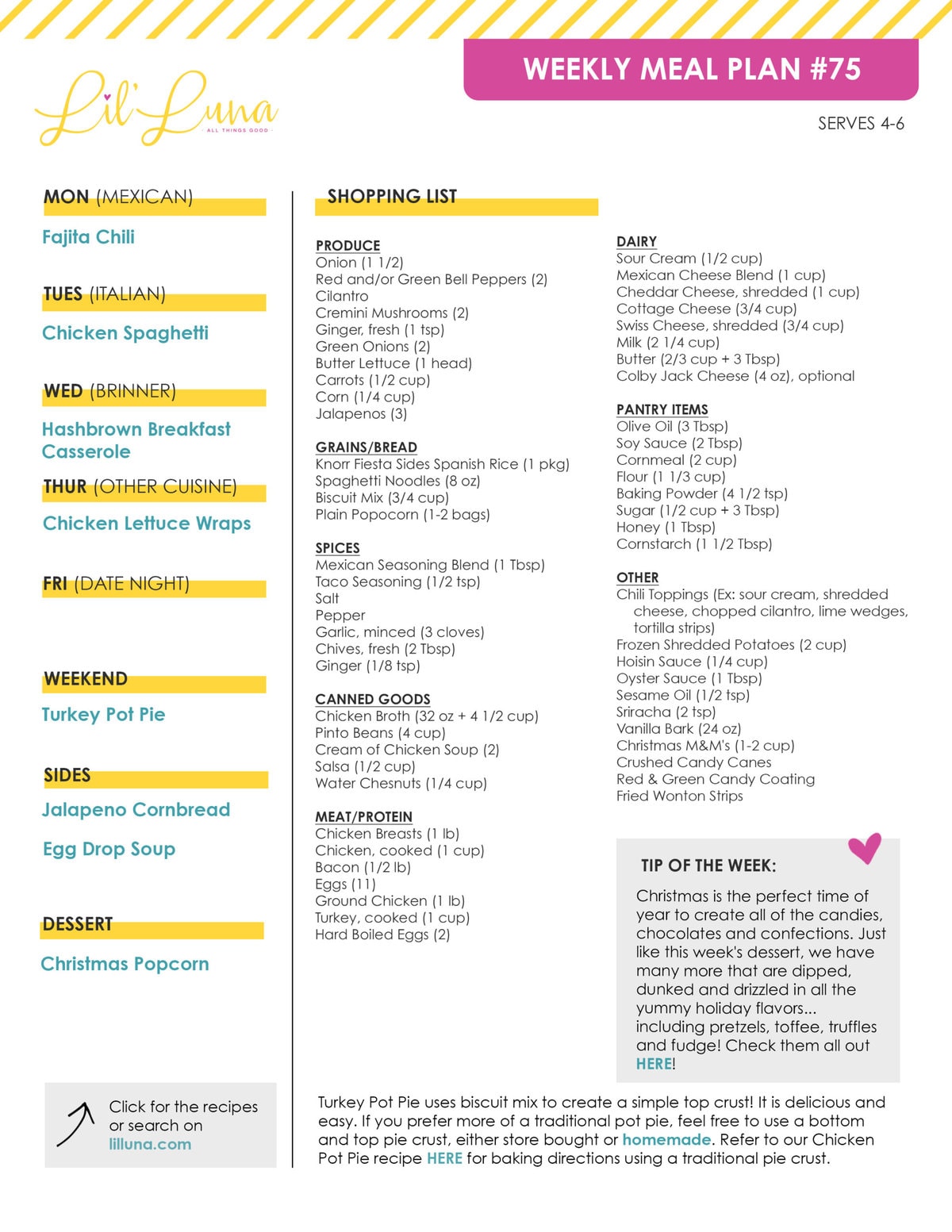 Printable version of Meal Plan #75 with grocery list.