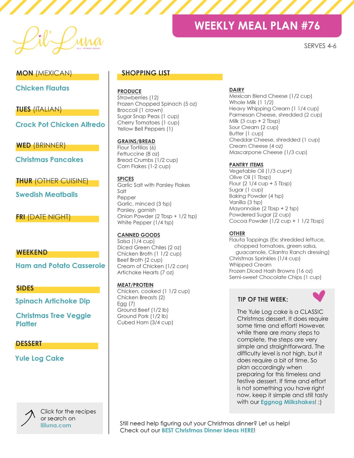 Printable version of Meal Plan #76 with grocery list.