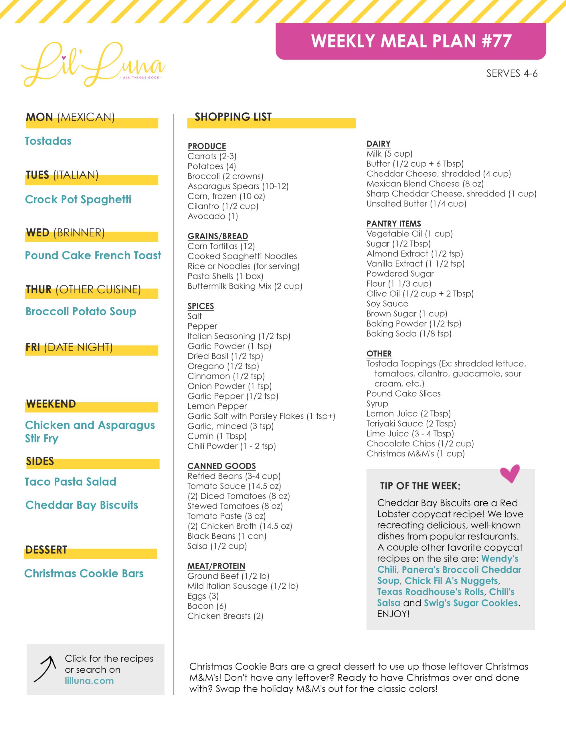 Printable version of Meal Plan #77 with grocery list.