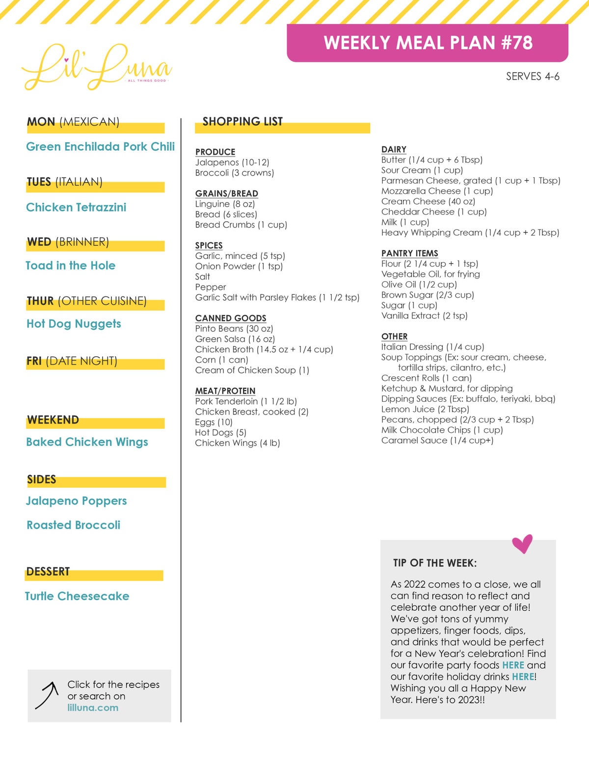 Printable version of Meal Plan #78 with grocery list.