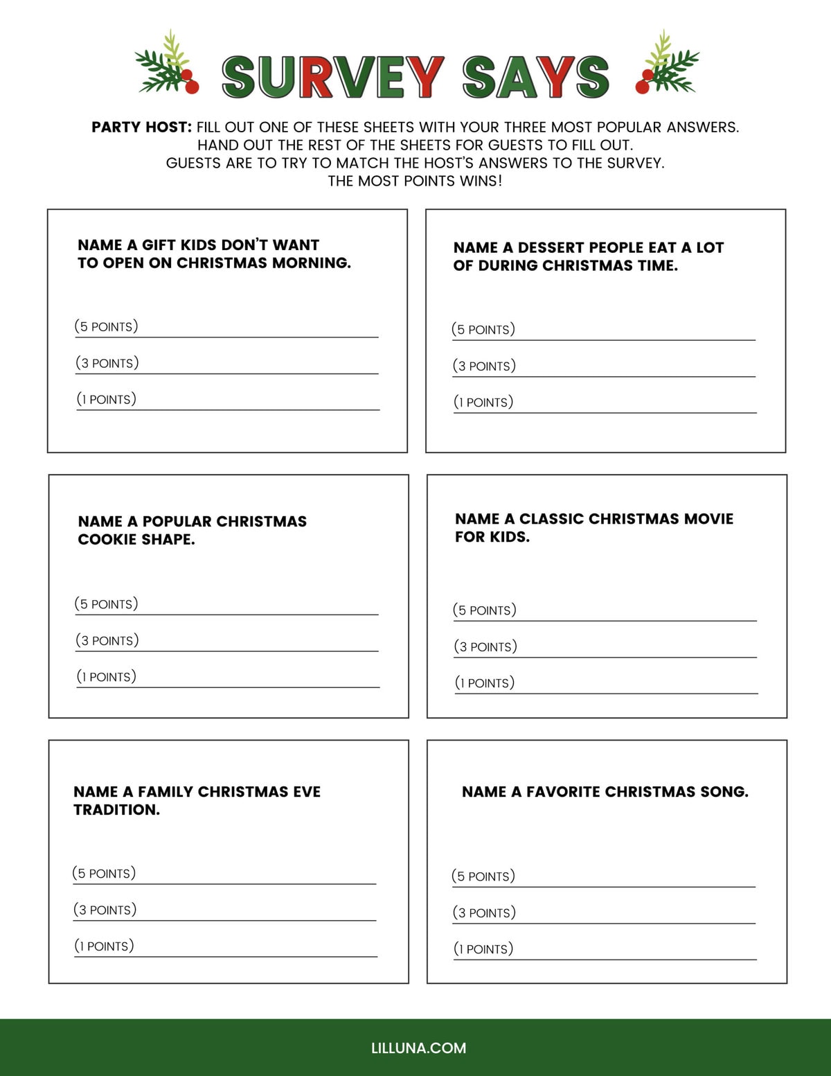 A picture of the survey says free printable Christmas game.
