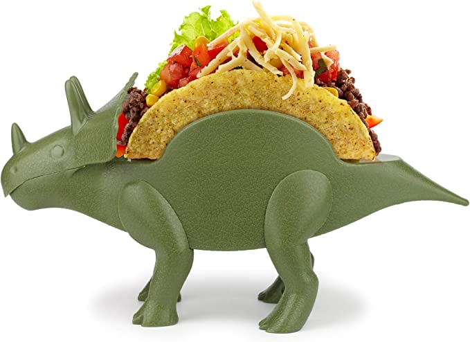 Plastic green dinosaur taco holder with taco in it from Amazon.
