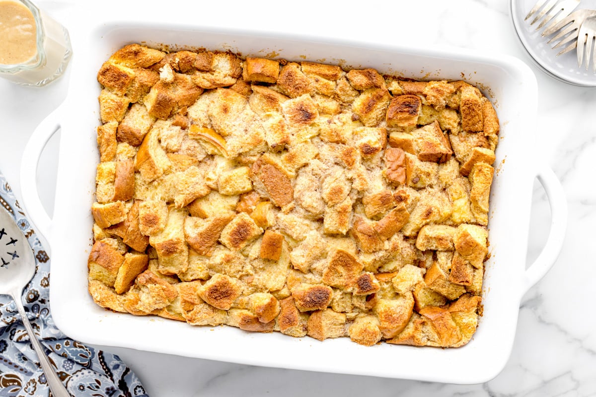 Freshly baked easy bread pudding in a baking dish.