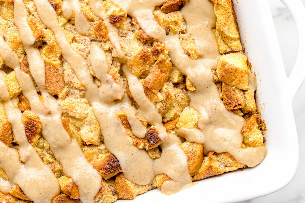 Easy bread pudding drizzled with caramel sauce.