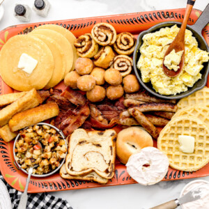 A breakfast charcuterie board loaded with breakfast favorites.