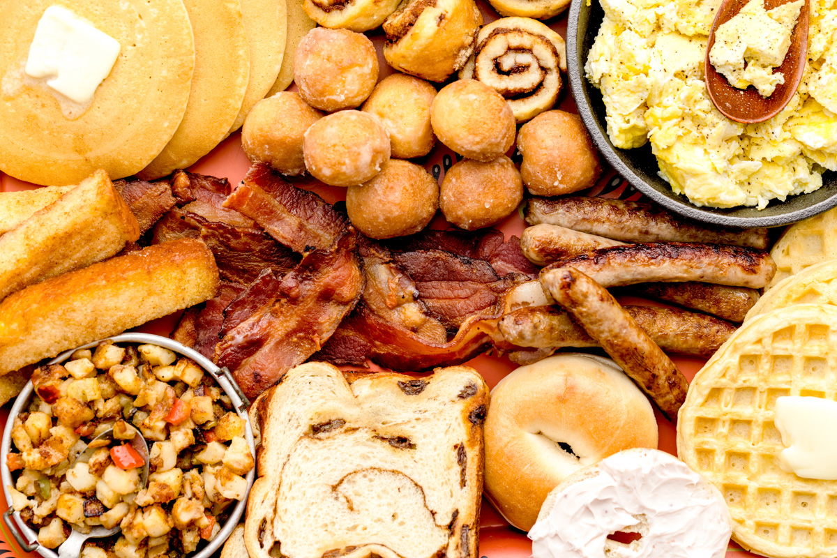 A close up of a breakfast charcuterie board filled with our breakfast favorites.