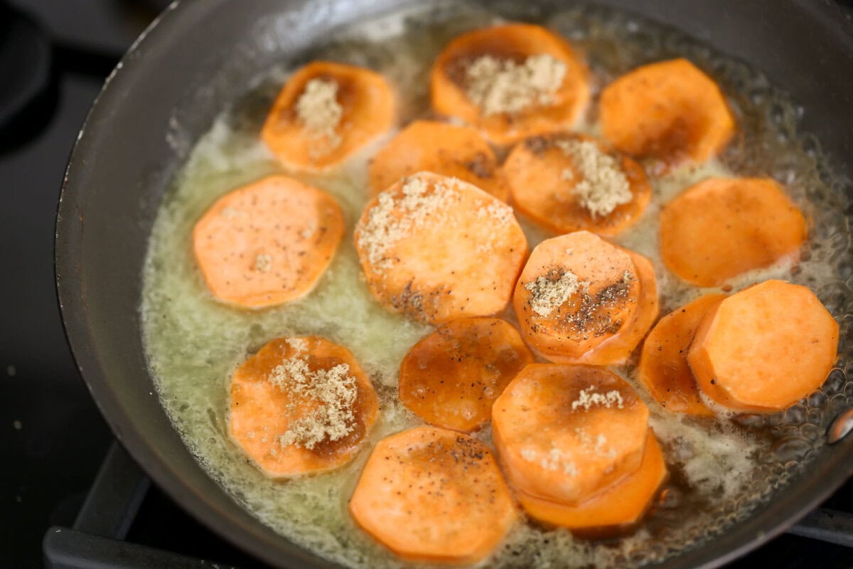 Cooking Sweet Potatoes in butter and brown sugar.