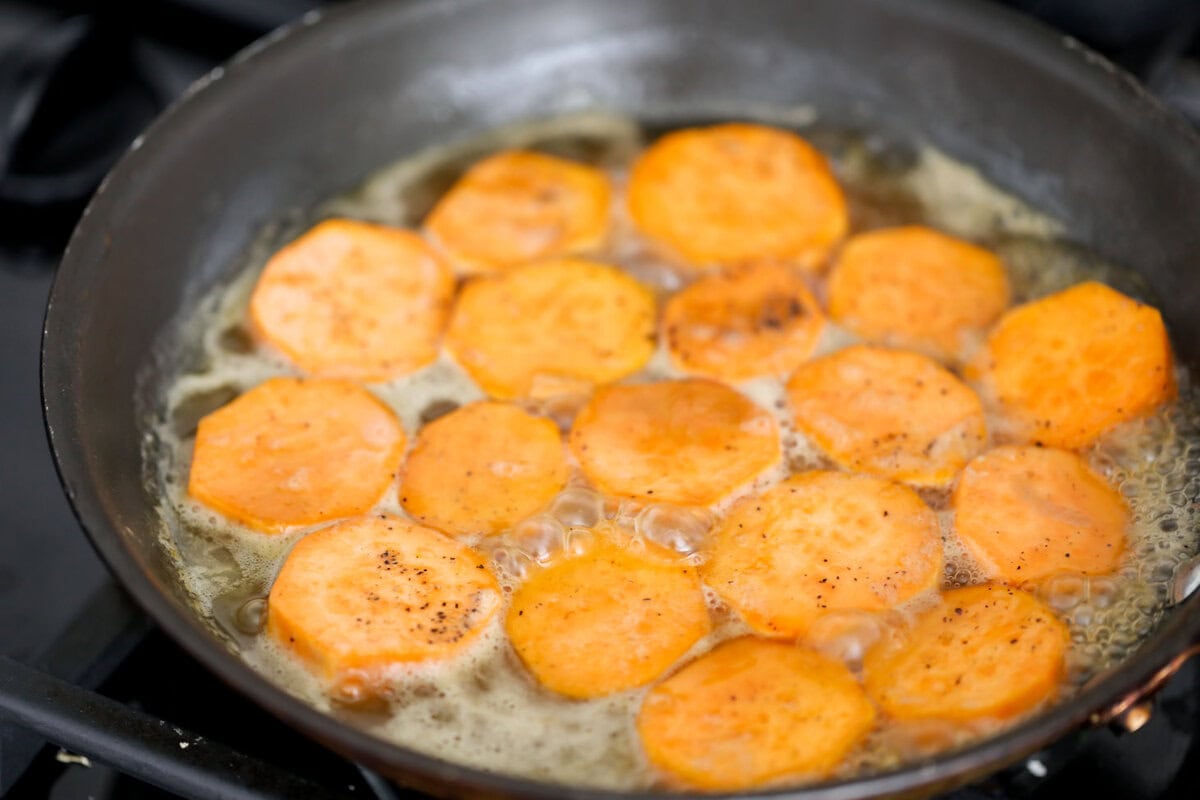 Cooking Sweet Potatoes in butter and brown sugar.