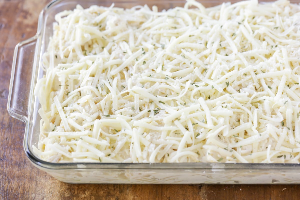 Chicken Tetrazzini Noodles in a glass baking dish ready for baking.