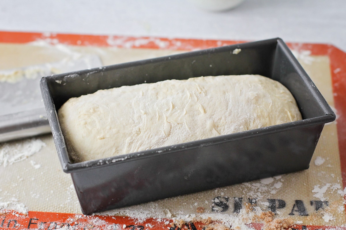 Dough rolled up and in greased pan.