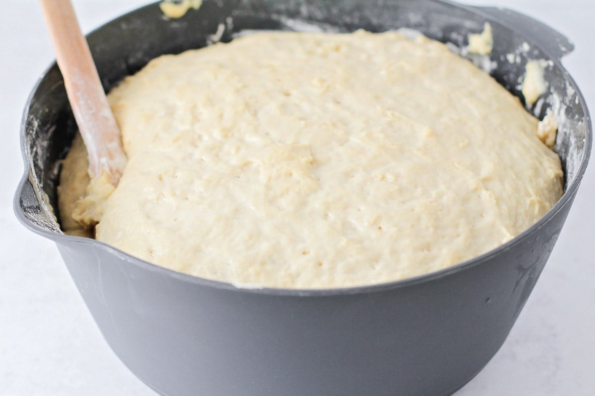 Bread dough rising in a gray bowl.