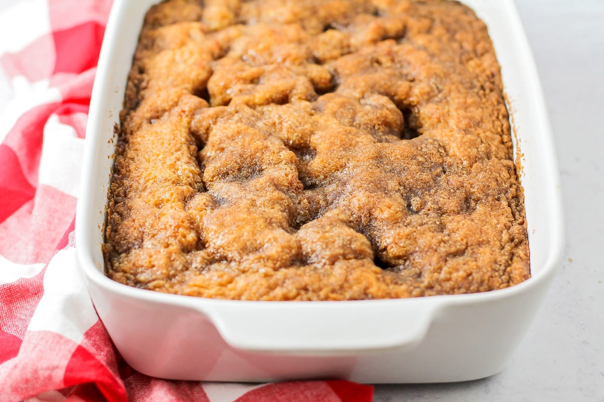 Coffee cake recipe baked in baking dish.