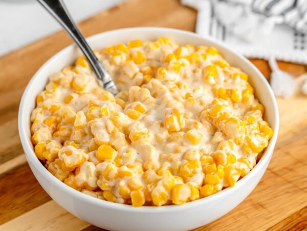 Bowl of crock pot creamed corn.