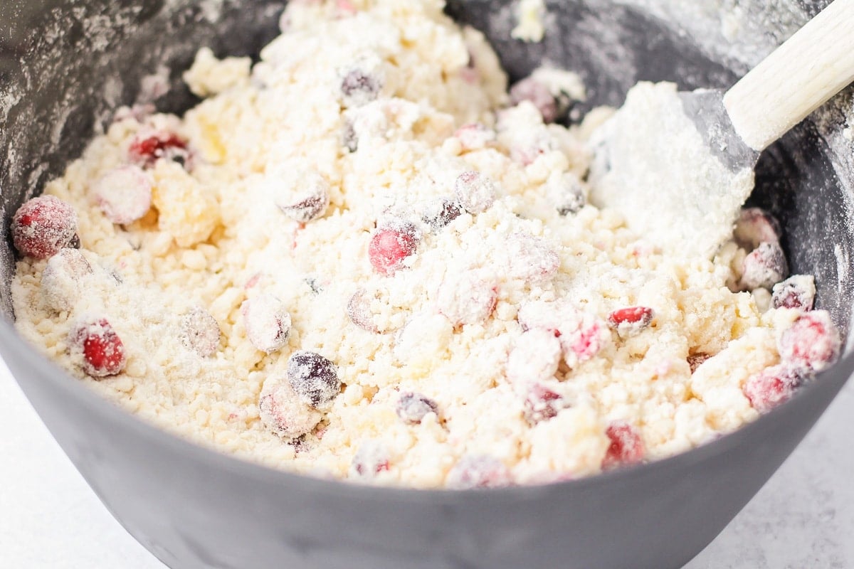 Orange cranberry muffin mixture in a gray mixing bowl.