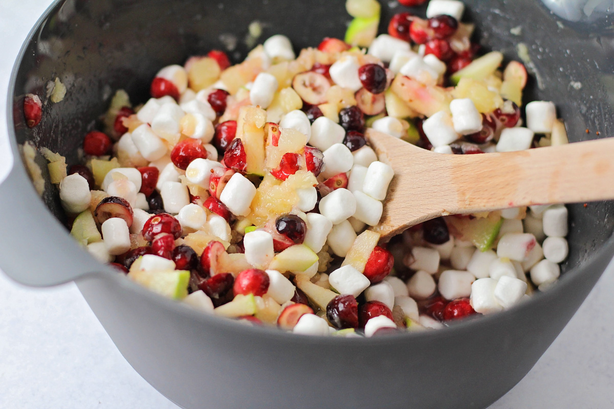 Combining the fruit and marshmallows for making apple cranberry salad.