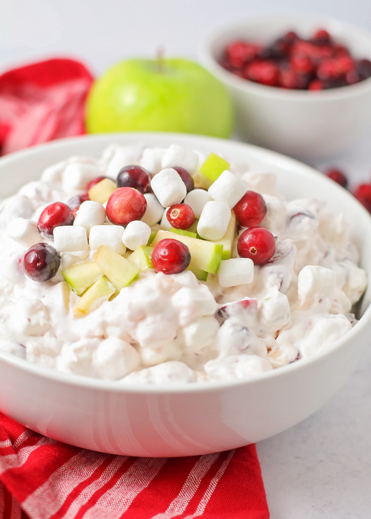 Close up of a bowl of cranberry salad garnished with fruit and marshmallows.