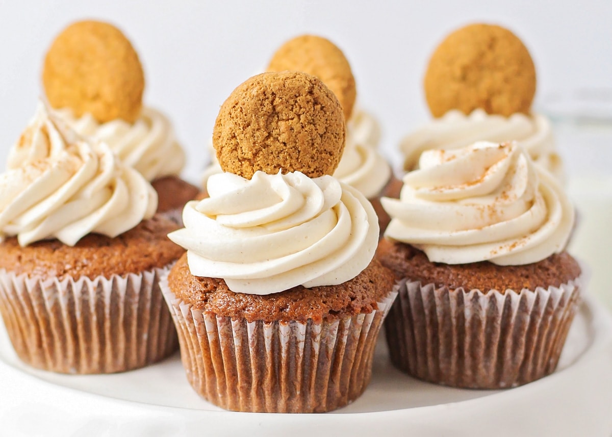 A gingerbread cupcake with cinnamon cream cheese frosting.