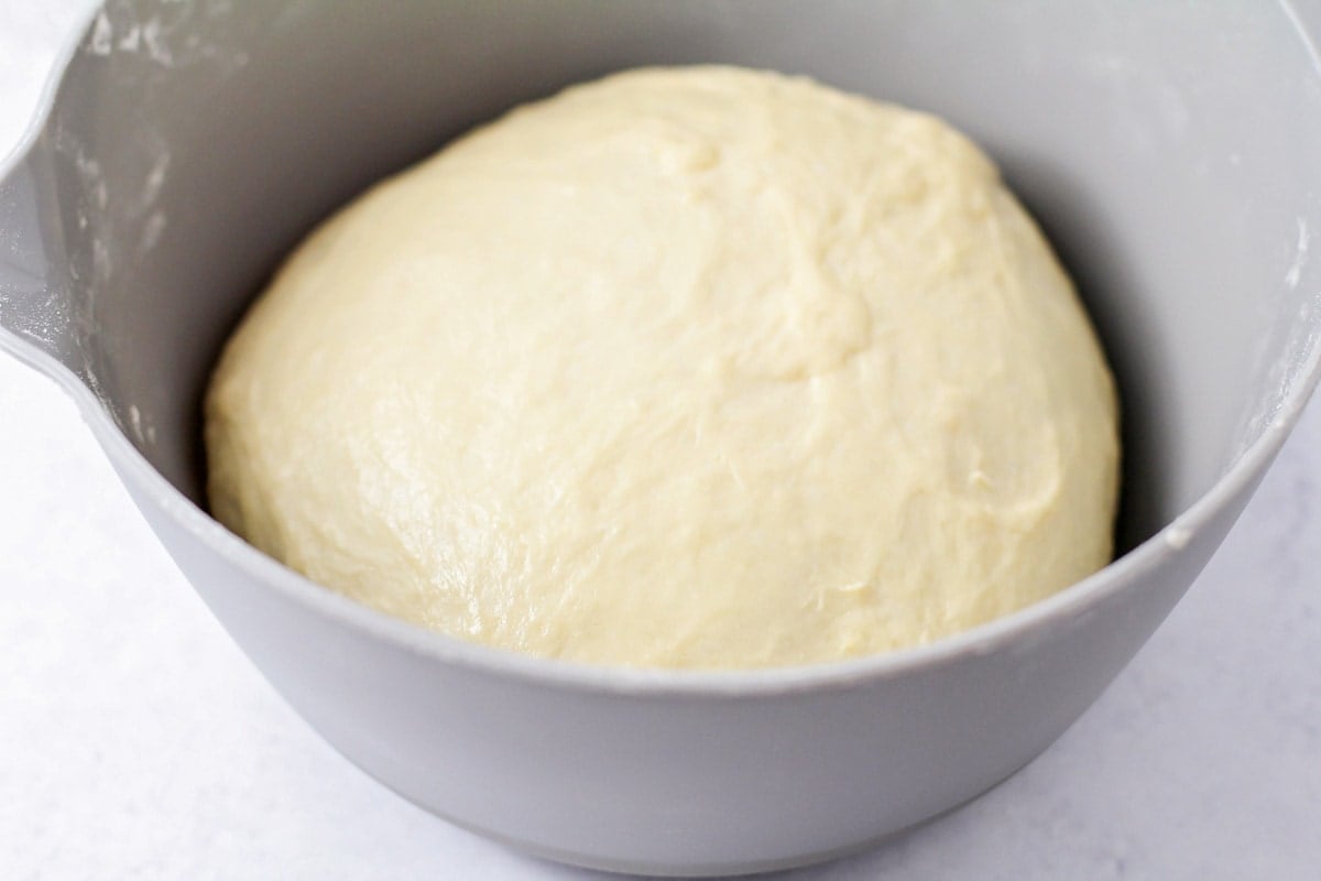 Naan dough risen in bowl.