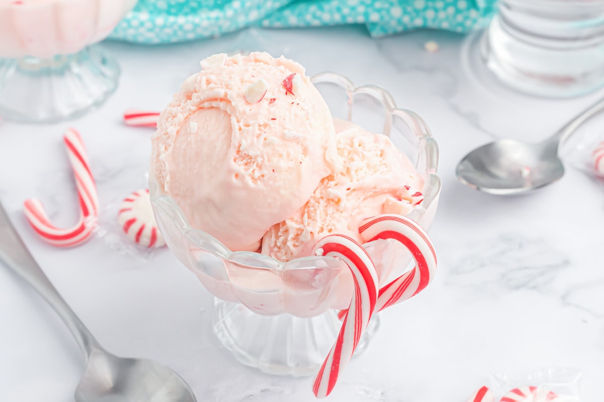 Two scoops of Peppermint ice cream served with candy canes.