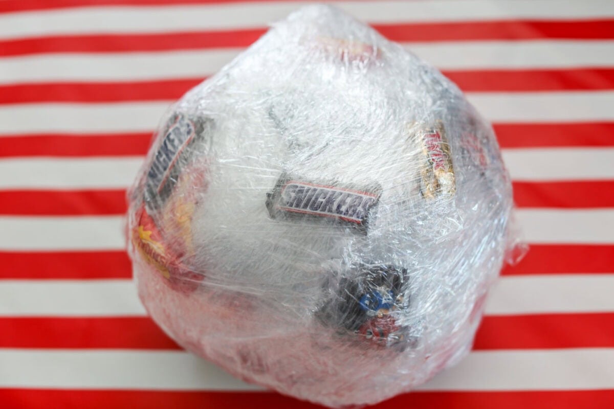 Saran Wrap game ball filled with candy and prizes.