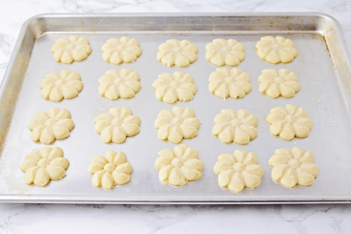 Best shortbread cookies recipe on a baking sheet.