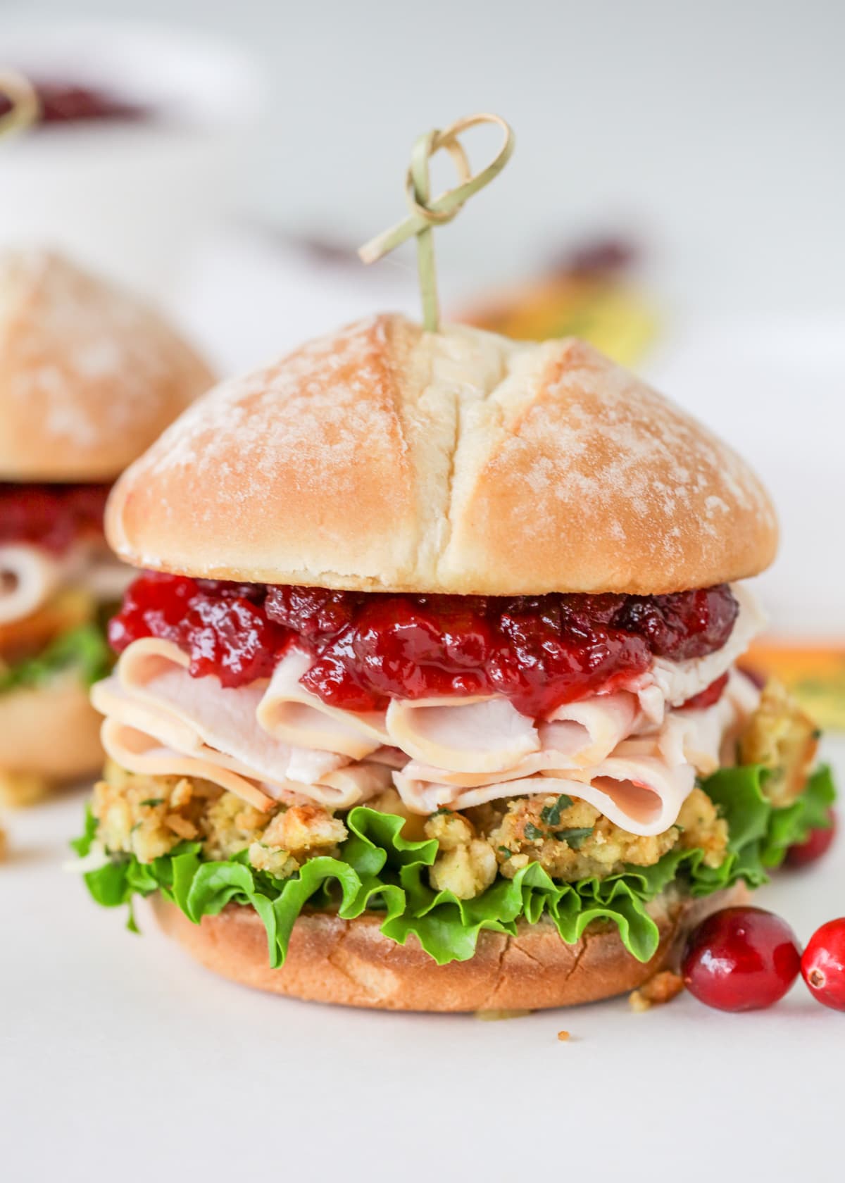Turkey Cranberry Sandwich close up filled with cranberry sauce and stuffing.