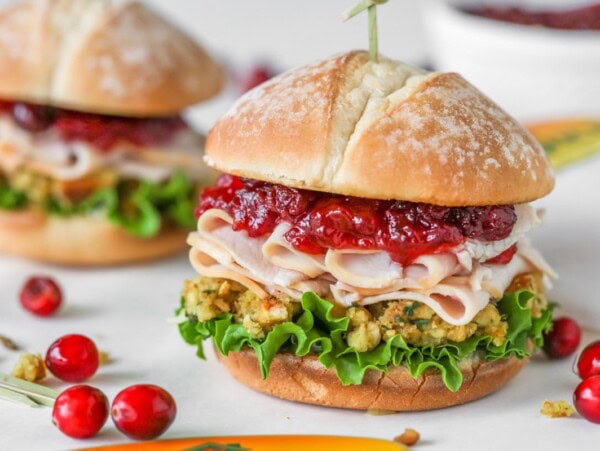 Turkey cranberry sandwich on a countertop.