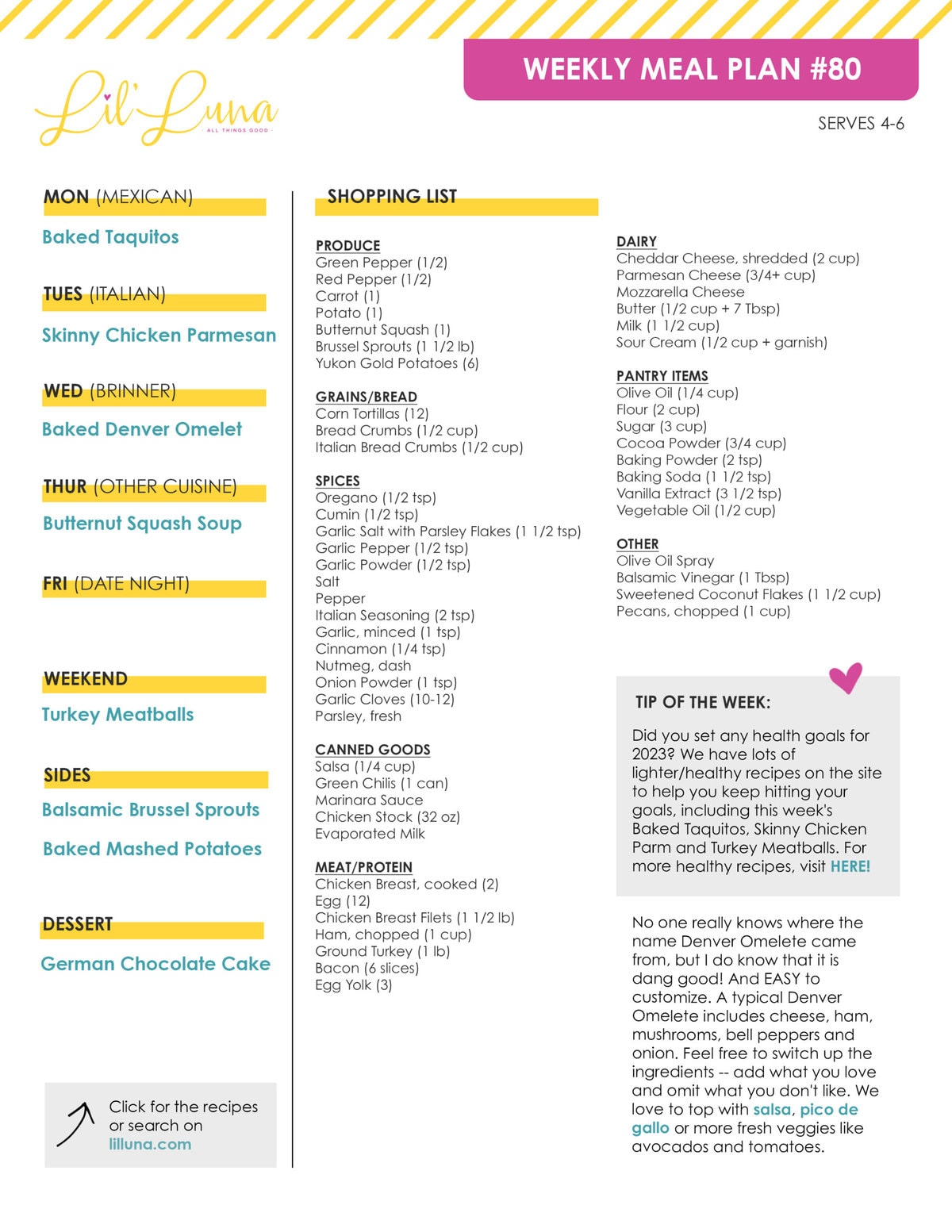 Printable version of Meal Plan #80 with grocery list.