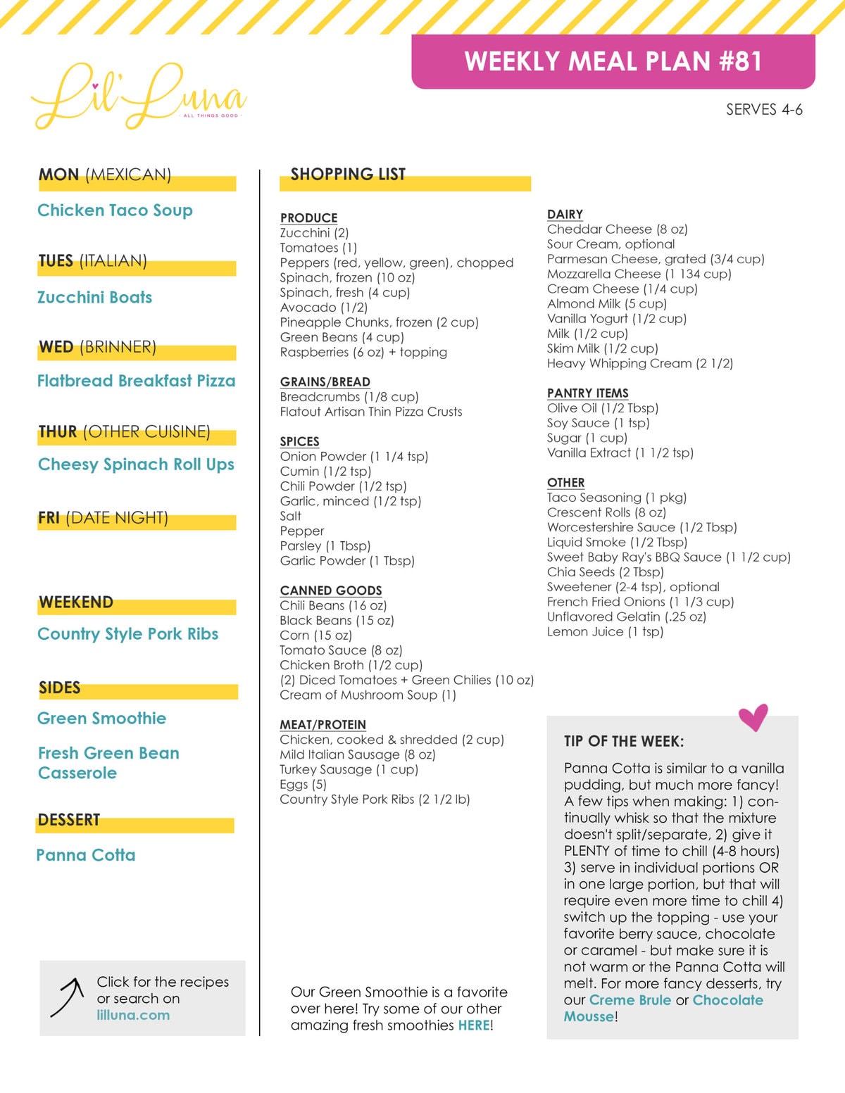 Printable version of Meal Plan #81 with grocery list.