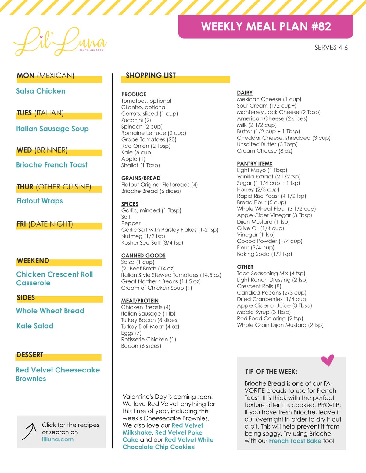 Printable version of Meal Plan #82 with grocery list.