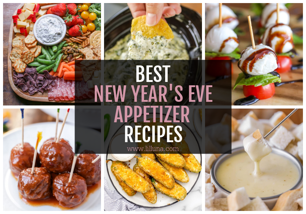 A collage of various New Year's Eve Appetizers.