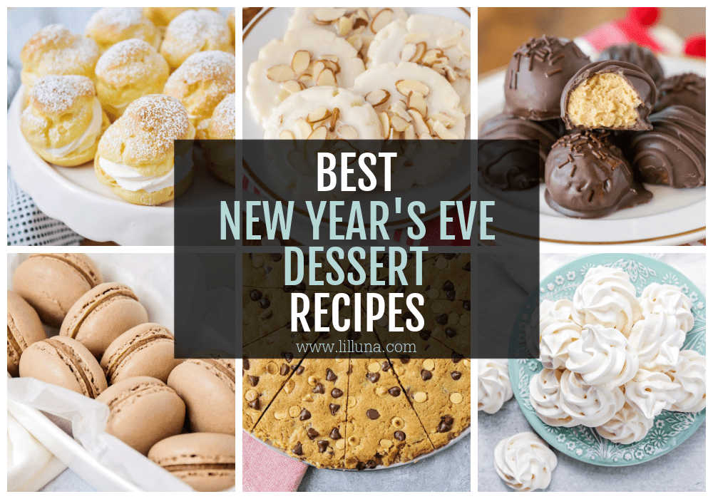 A collage of several different New Years Eve Desserts.