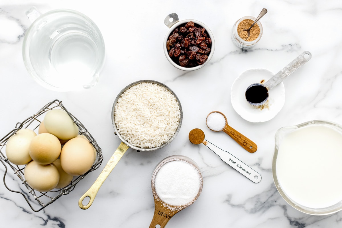 Ingredients for making baked rice pudding.