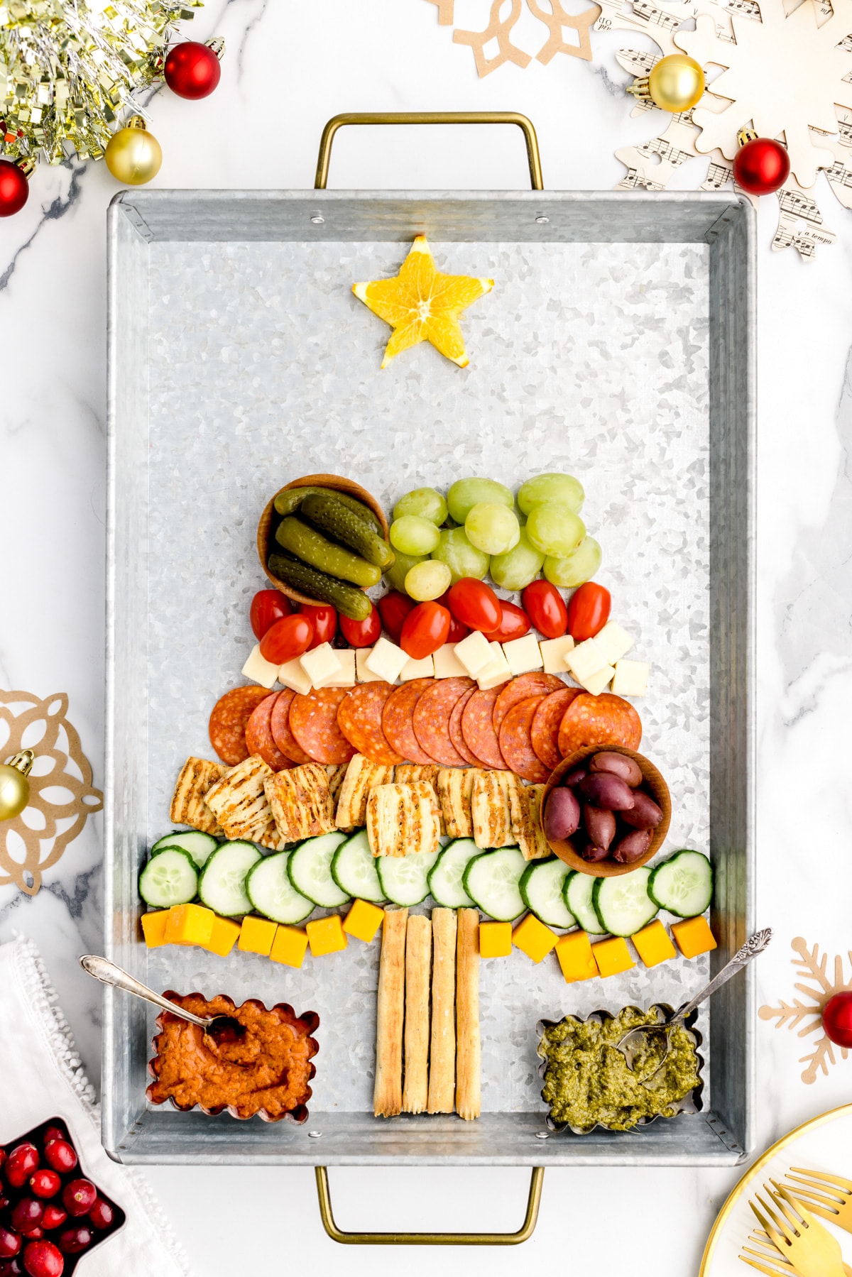 Charcuterie board Christmas tree process image.