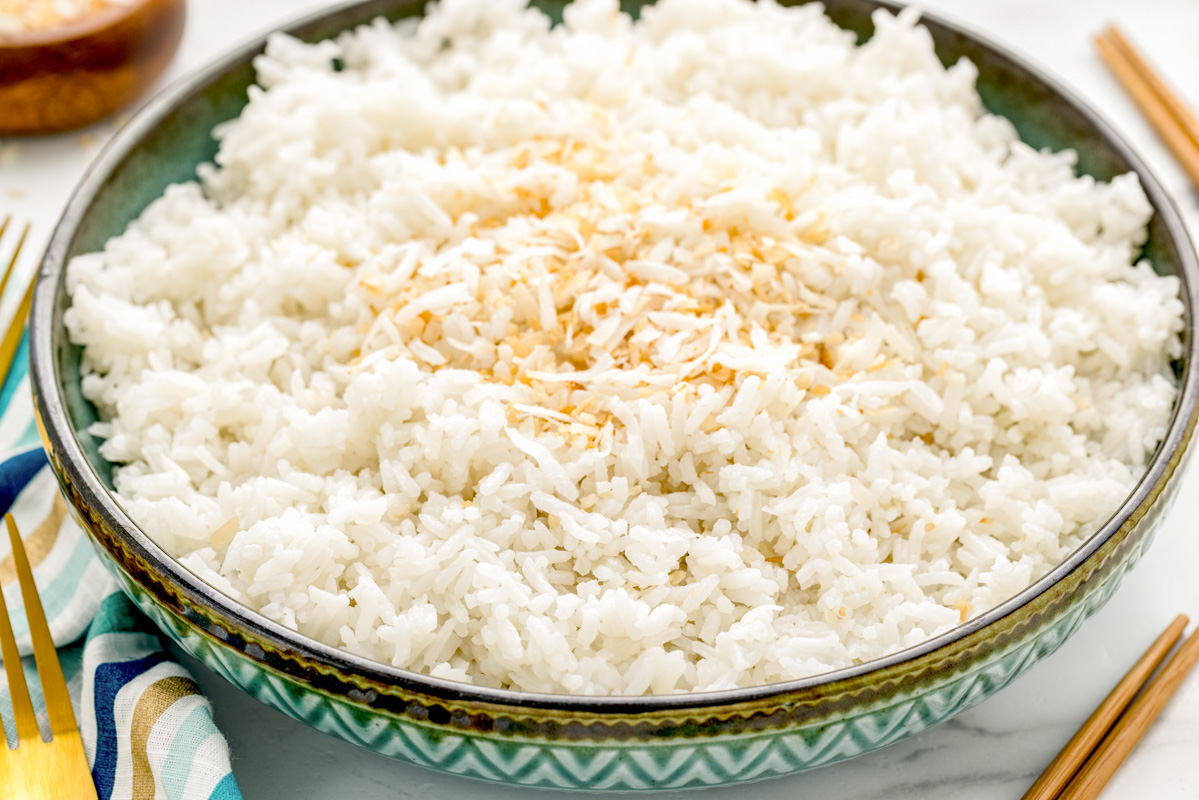 Close up of coconut rice recipe in bowl.