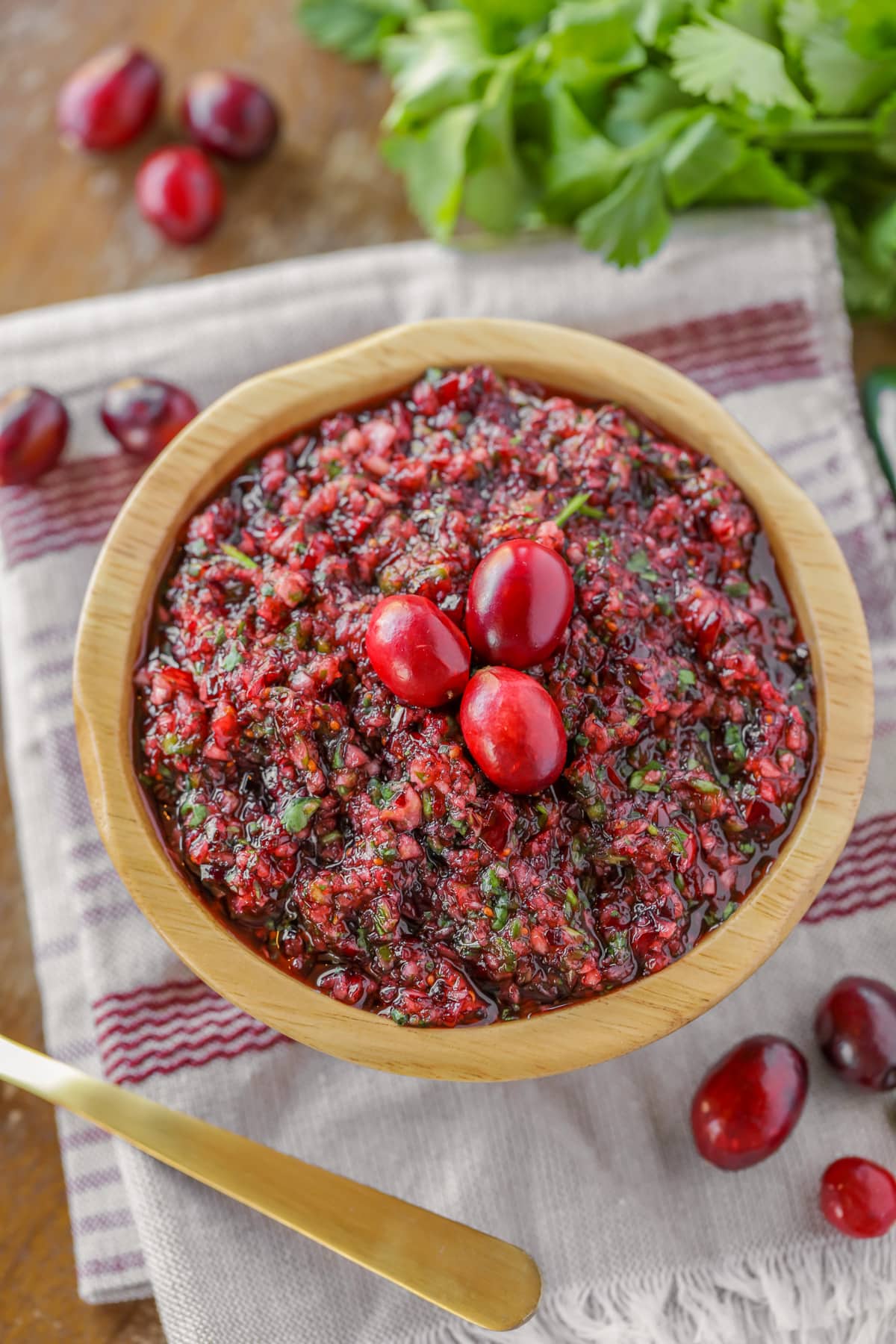 Close up of cranberry salsa dip in a small serving bowl.