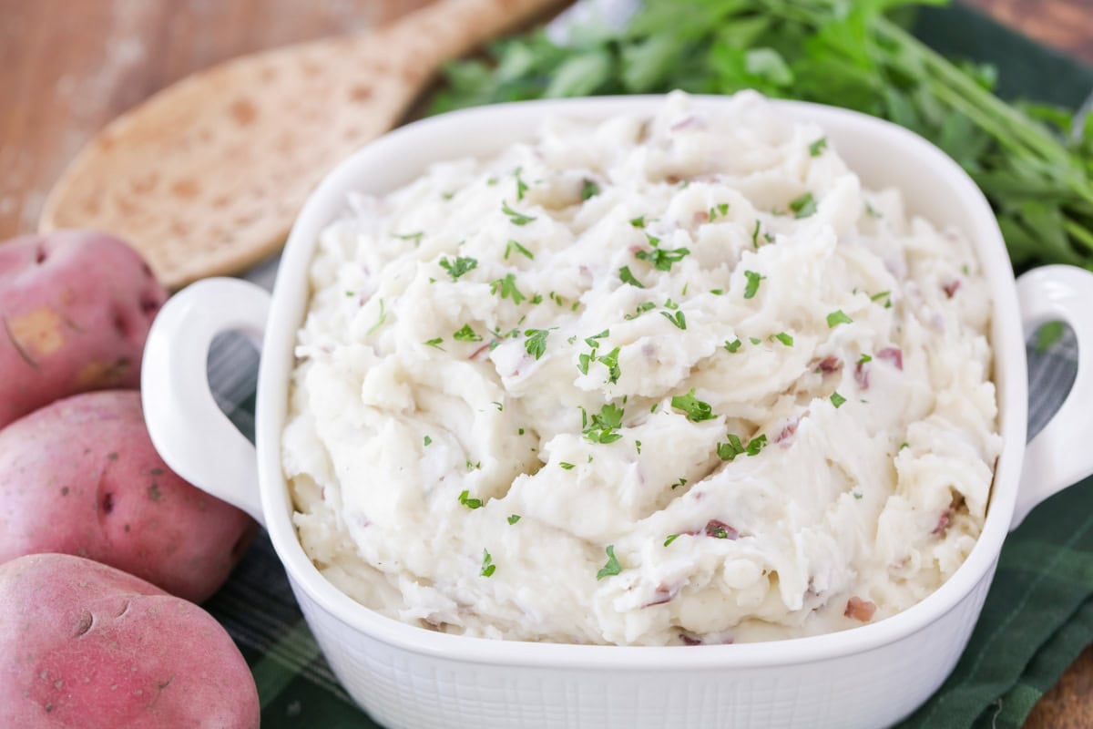 A baking dish of garlic mashed red potatoes.