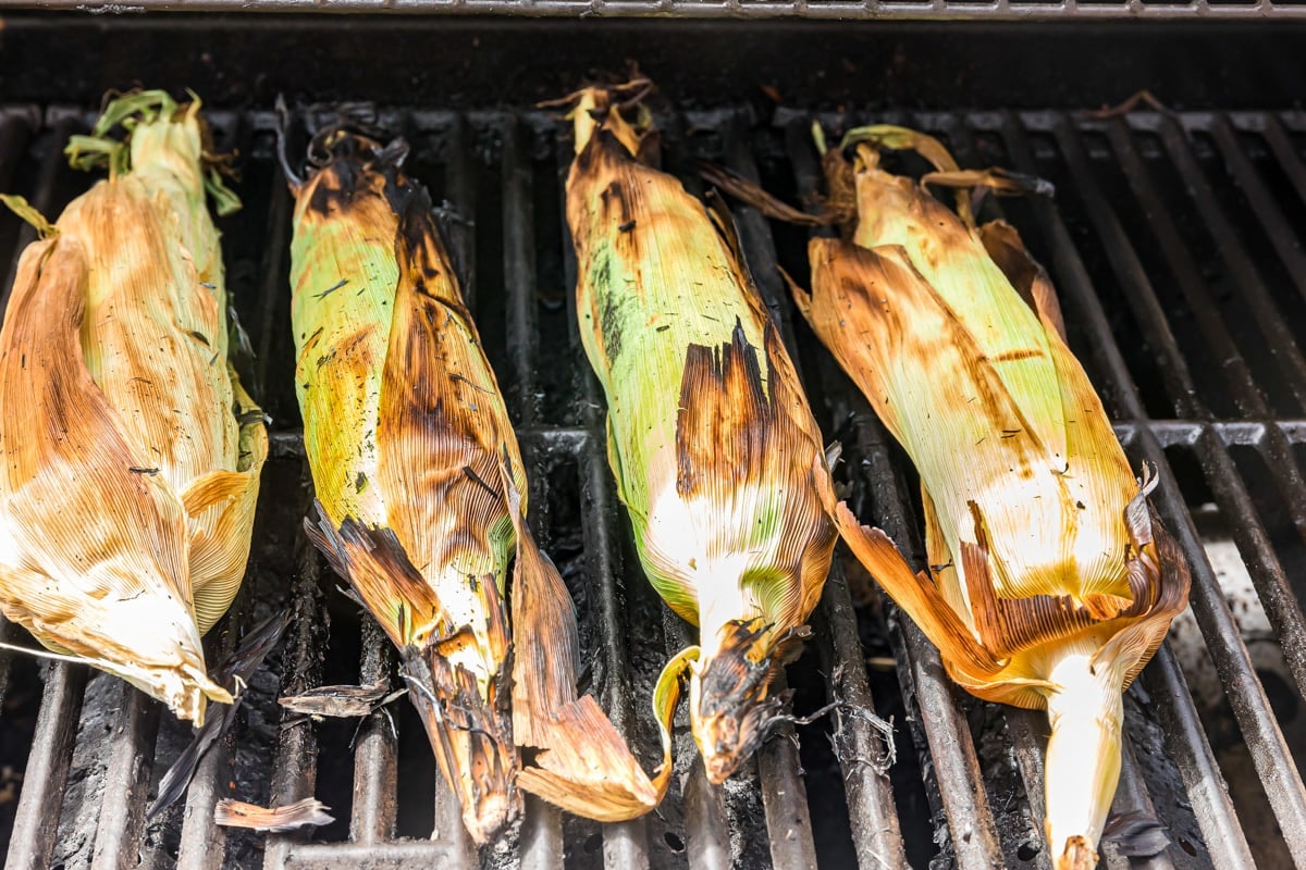 Four ears of corn cooking on a grill with the husks on.