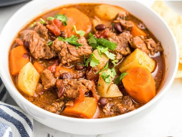 Mexican beef stew in a white bowl.
