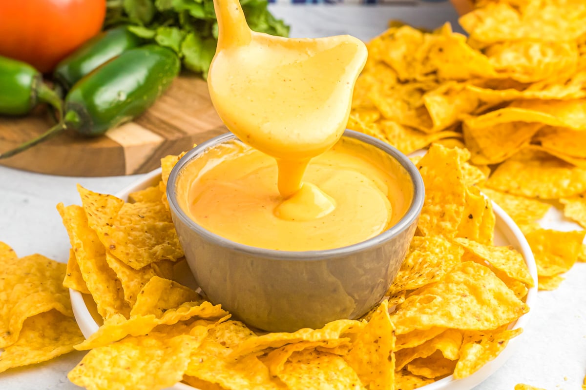 Appetizer Dips - Nacho cheese in a small grey bowl surrounded by corn tortilla chips on a white plate. 