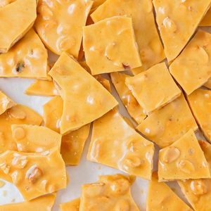 Easy peanut brittle recipe broken up into pieces.