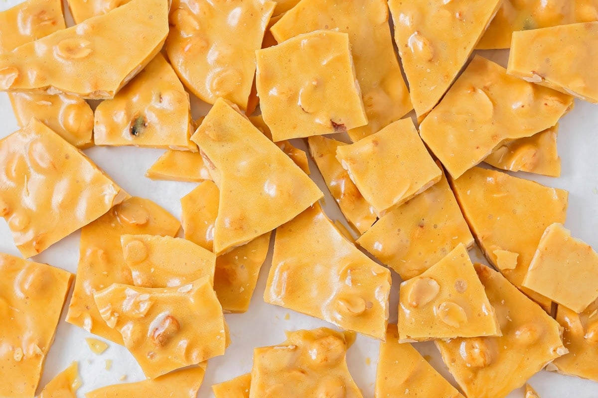 Easy peanut brittle recipe broken up into pieces.